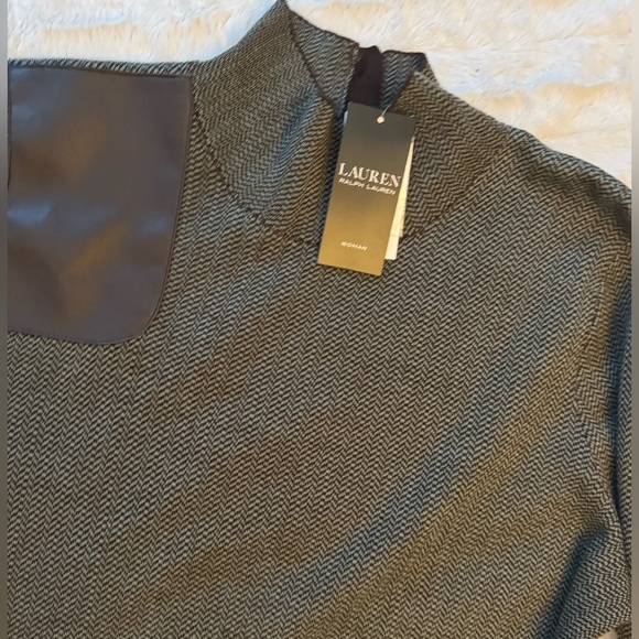 NWT Lauren Ralph Lauren Wool Turtleneck Leather Patch Green Sweater Dress 1X New - Picture 7 of 9